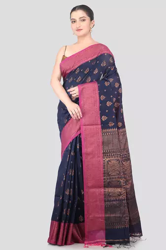 navy blue handloom cotton bleand saree with blouse piece