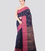 navy blue handloom cotton bleand saree with blouse piece