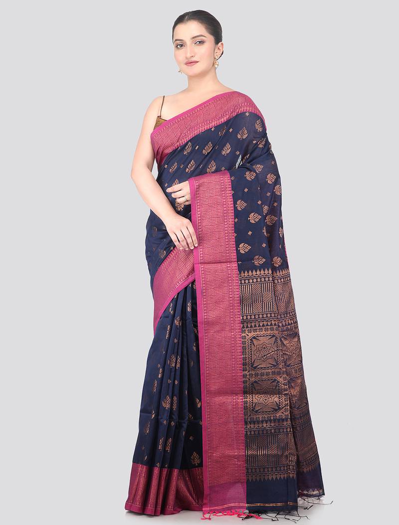 navy blue handloom cotton bleand saree with blouse piece
