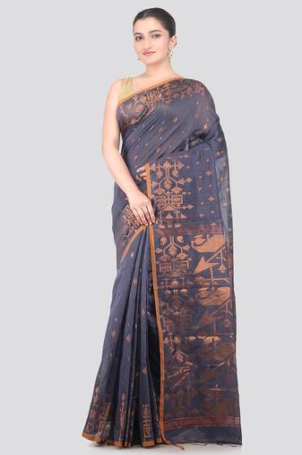 grey handloom cotton bleand saree with blouse piece