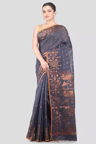 grey handloom cotton bleand saree with blouse piece