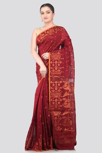maroon handloom cotton bleand saree with blouse piece