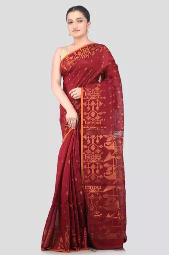 maroon handloom cotton bleand saree with blouse piece