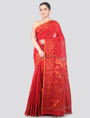 red handloom cotton bleand saree with blouse piece 1