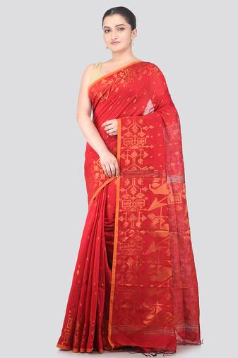 red handloom cotton bleand saree with blouse piece