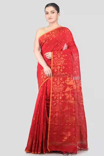 red handloom cotton bleand saree with blouse piece