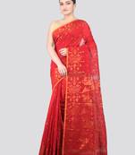 red handloom cotton bleand saree with blouse piece