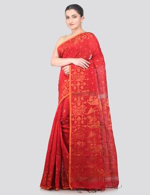 red handloom cotton bleand saree with blouse piece 2