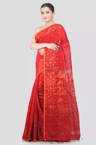 red handloom cotton bleand saree with blouse piece