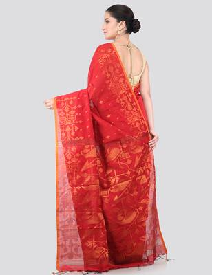 red handloom cotton bleand saree with blouse piece 3