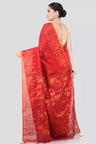 red handloom cotton bleand saree with blouse piece