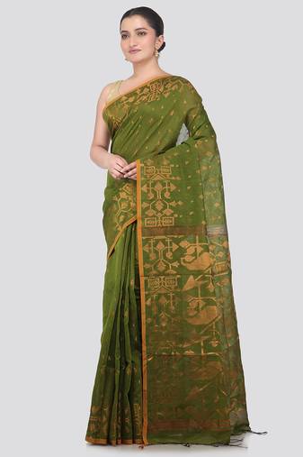green handloom cotton bleand saree with blouse piece