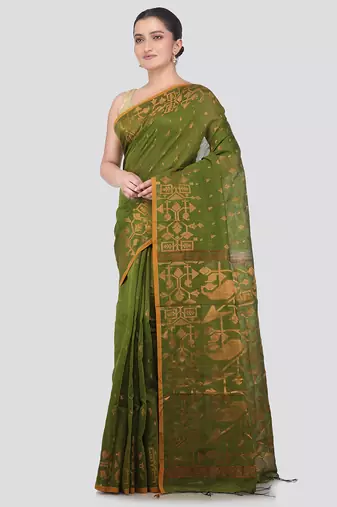 green handloom cotton bleand saree with blouse piece