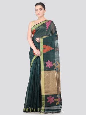 green handloom cotton bleand saree with blouse piece 1