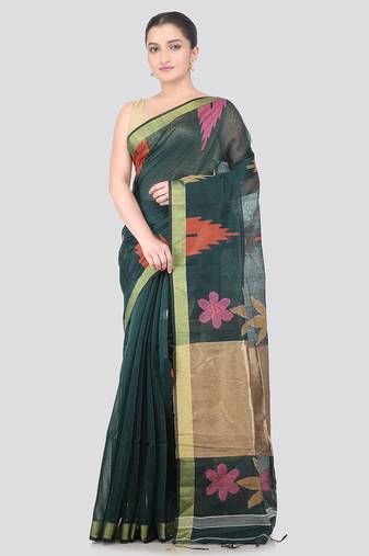 green handloom cotton bleand saree with blouse piece