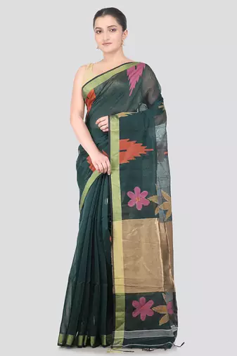 green handloom cotton bleand saree with blouse piece