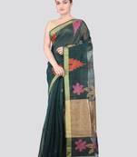 green handloom cotton bleand saree with blouse piece