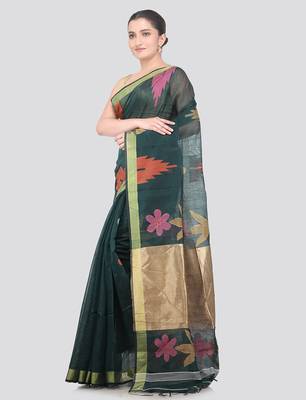 green handloom cotton bleand saree with blouse piece 2