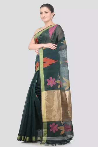green handloom cotton bleand saree with blouse piece