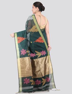green handloom cotton bleand saree with blouse piece 3