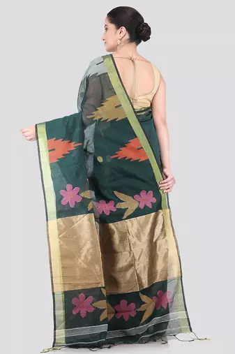 green handloom cotton bleand saree with blouse piece