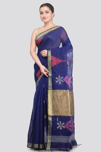 blue handloom cotton bleand saree with blouse piece