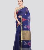 blue handloom cotton bleand saree with blouse piece