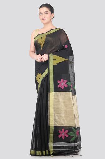 black handloom cotton bleand saree with blouse piece