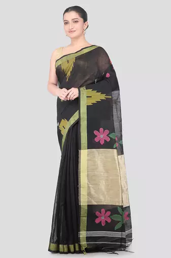 black handloom cotton bleand saree with blouse piece
