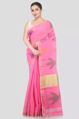 pink handloom cotton bleand saree with blouse piece