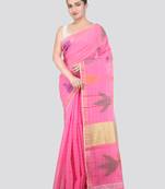 pink handloom cotton bleand saree with blouse piece