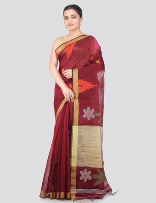 maroon handloom cotton bleand saree with blouse piece 1