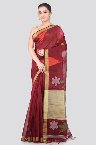 maroon handloom cotton bleand saree with blouse piece