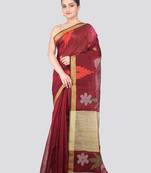maroon handloom cotton bleand saree with blouse piece
