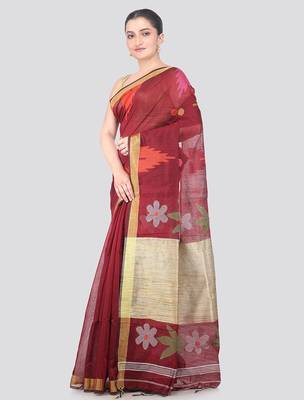 maroon handloom cotton bleand saree with blouse piece 2