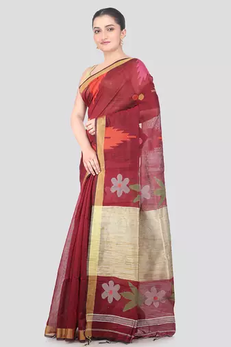 maroon handloom cotton bleand saree with blouse piece