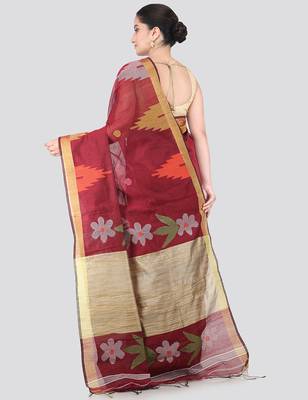 maroon handloom cotton bleand saree with blouse piece 3