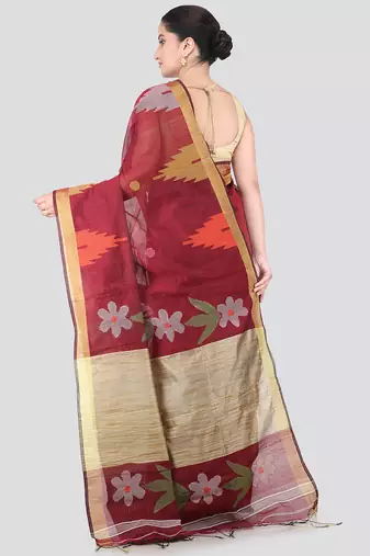 maroon handloom cotton bleand saree with blouse piece