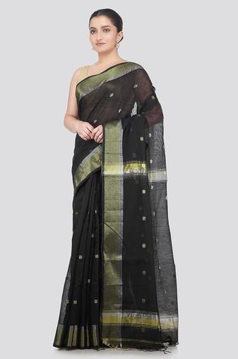 black handloom cotton bleand saree with blouse piece