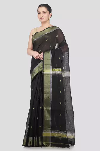 black handloom cotton bleand saree with blouse piece