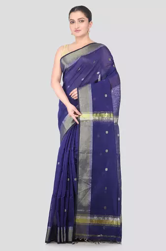 blue handloom cotton bleand saree with blouse piece