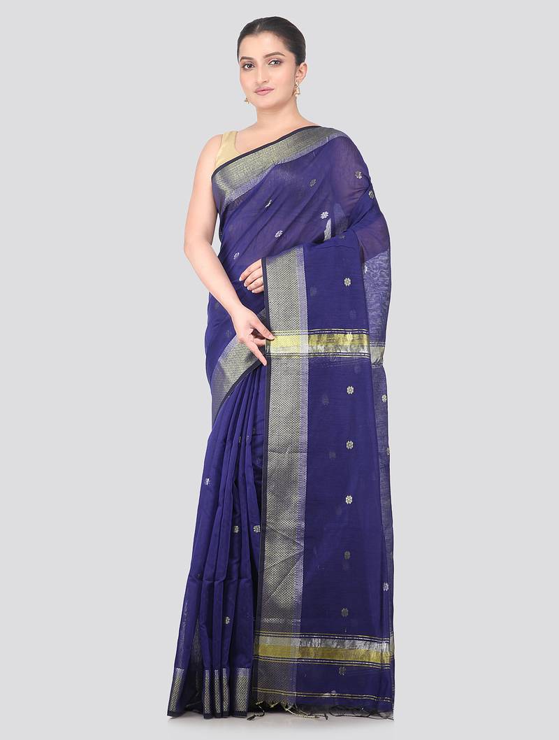 blue handloom cotton bleand saree with blouse piece