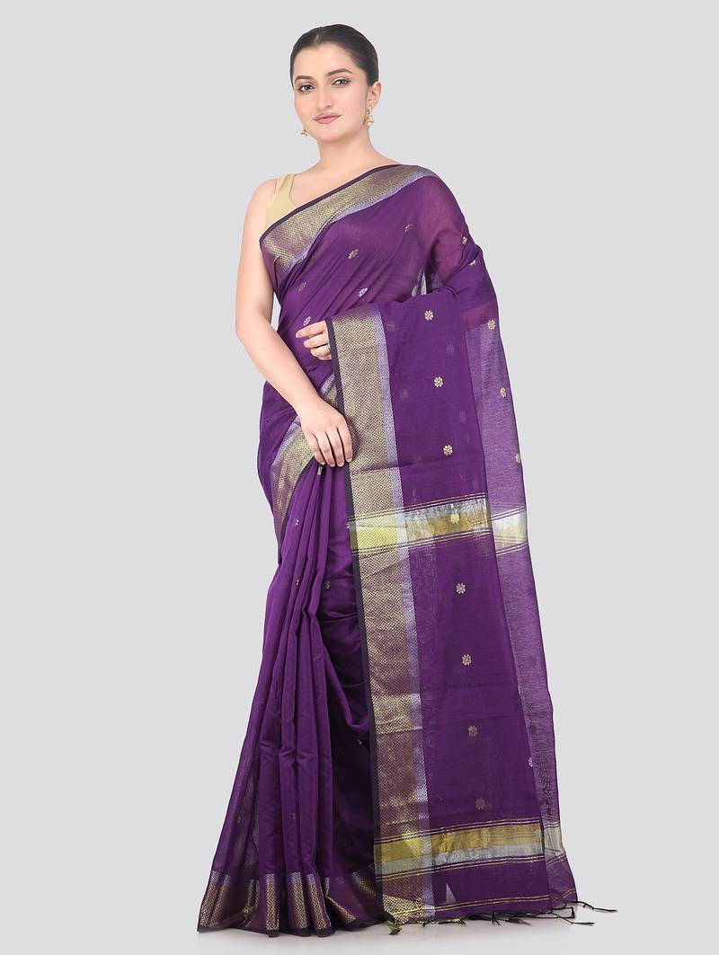 purple handloom cotton bleand saree with blouse piece