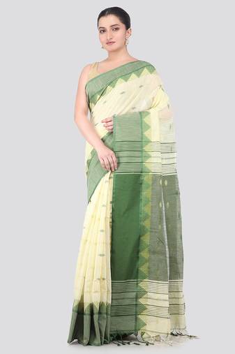 off white handloom cotton bleand saree with blouse piece