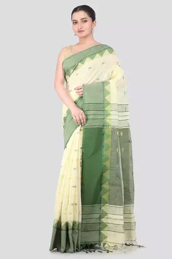 off white handloom cotton bleand saree with blouse piece