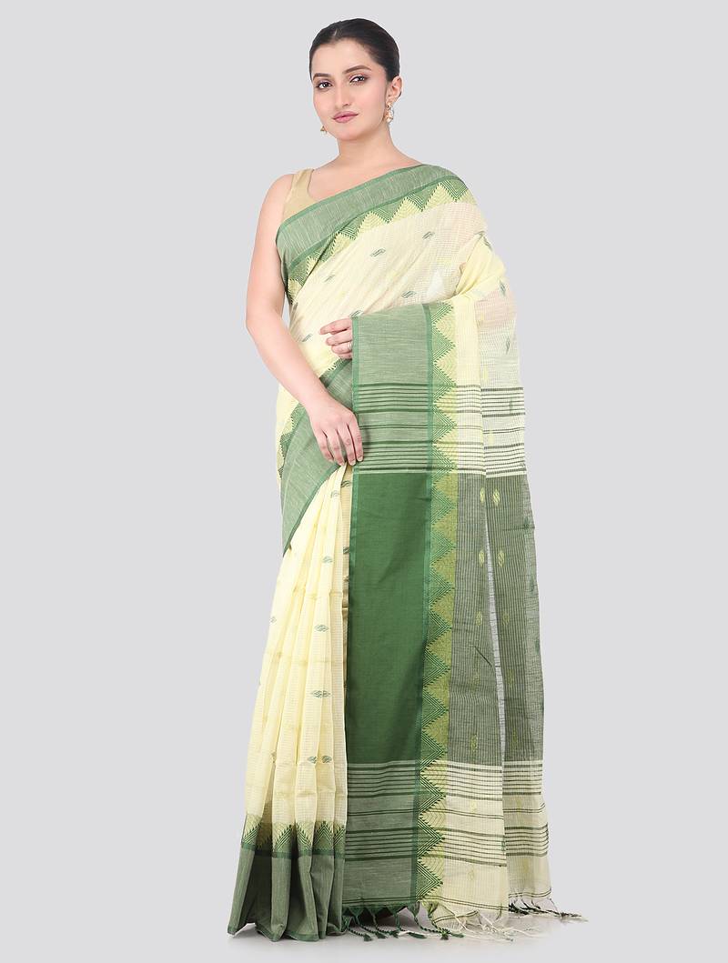 off white handloom cotton bleand saree with blouse piece