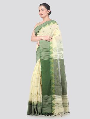off white handloom cotton bleand saree with blouse piece 2