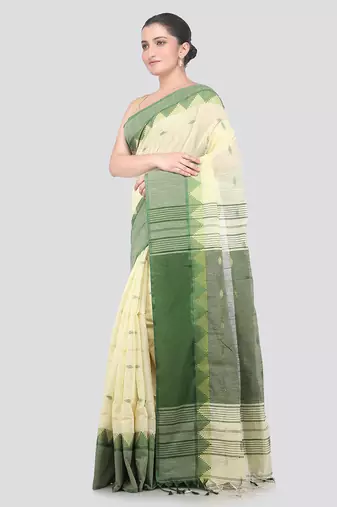 off white handloom cotton bleand saree with blouse piece