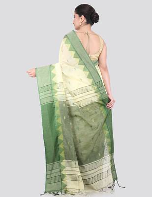 off white handloom cotton bleand saree with blouse piece 3