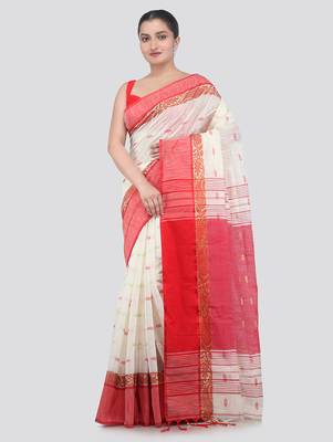 off white handloom cotton bleand saree with blouse piece 1